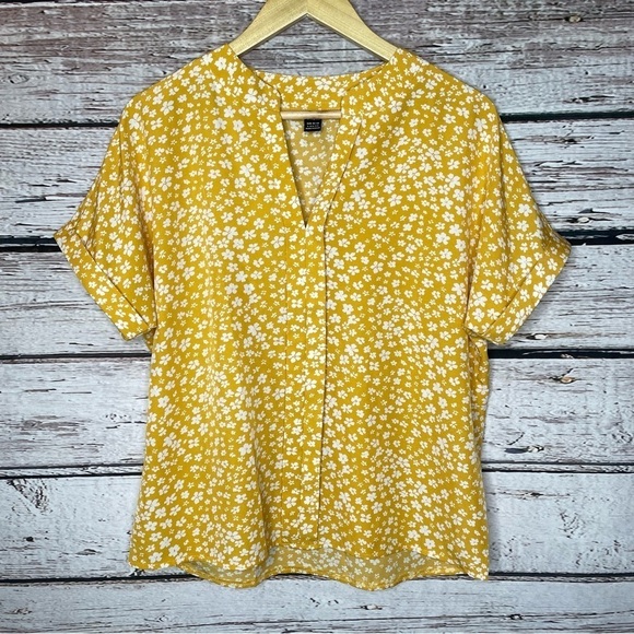 SHEIN Size 8/10 Mustard Yellow White Floral Short Sleeve Blouse Split V-Neck Top - Picture 1 of 10